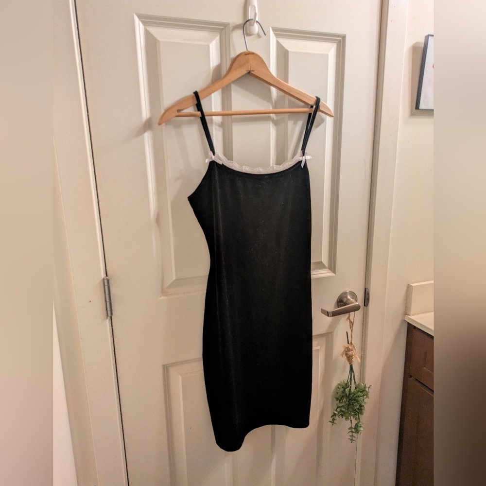 Black Velvet Slip Dress with White Lace Trim